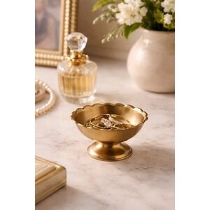 Vintage Brass Pedestal Bowl 3" Tall Scalloped Edge Footed Gold Decor Trinket